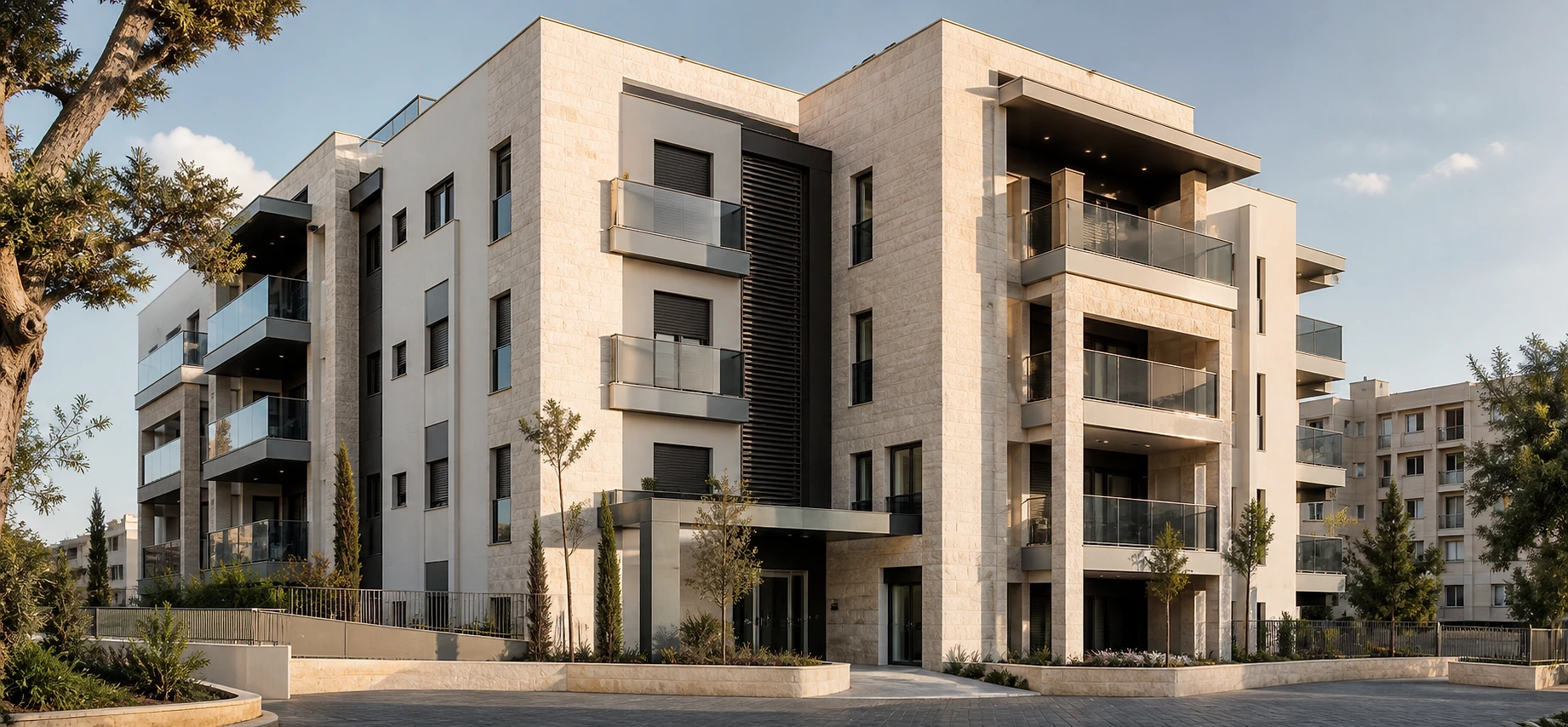 בניין מגורים משותף חדש לאחר השלמת הבנייה